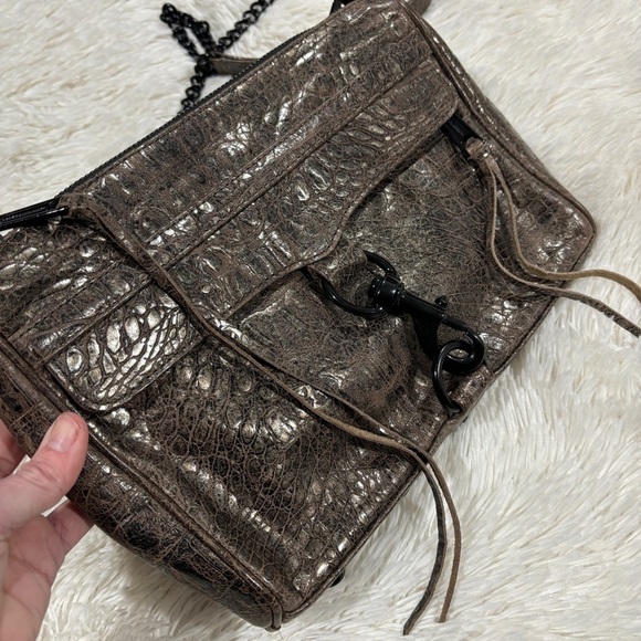 Rebecca Minkoff Mini Mac Croc Green Gold Chain crossbody purse Bag Embossed - Picture 2 of 14